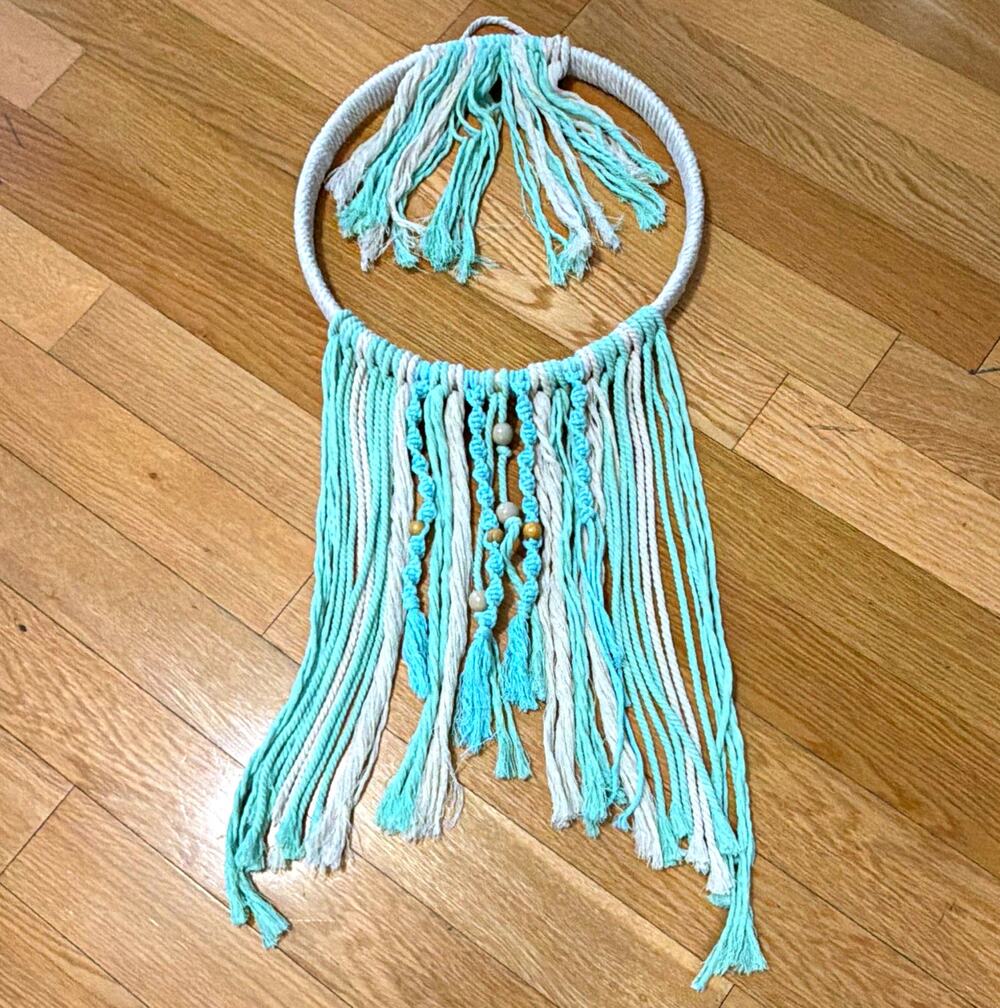 Handmade Macrame Wall Hanging Hoop Dreamcatcher Mint White Fringe Beads